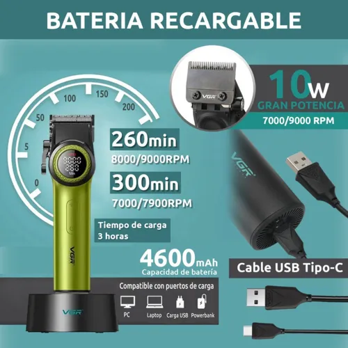 Máquina Barbería Profesional Corta Pelo Vgr V-001 9000 Rpm Color Verde - Imagen 2